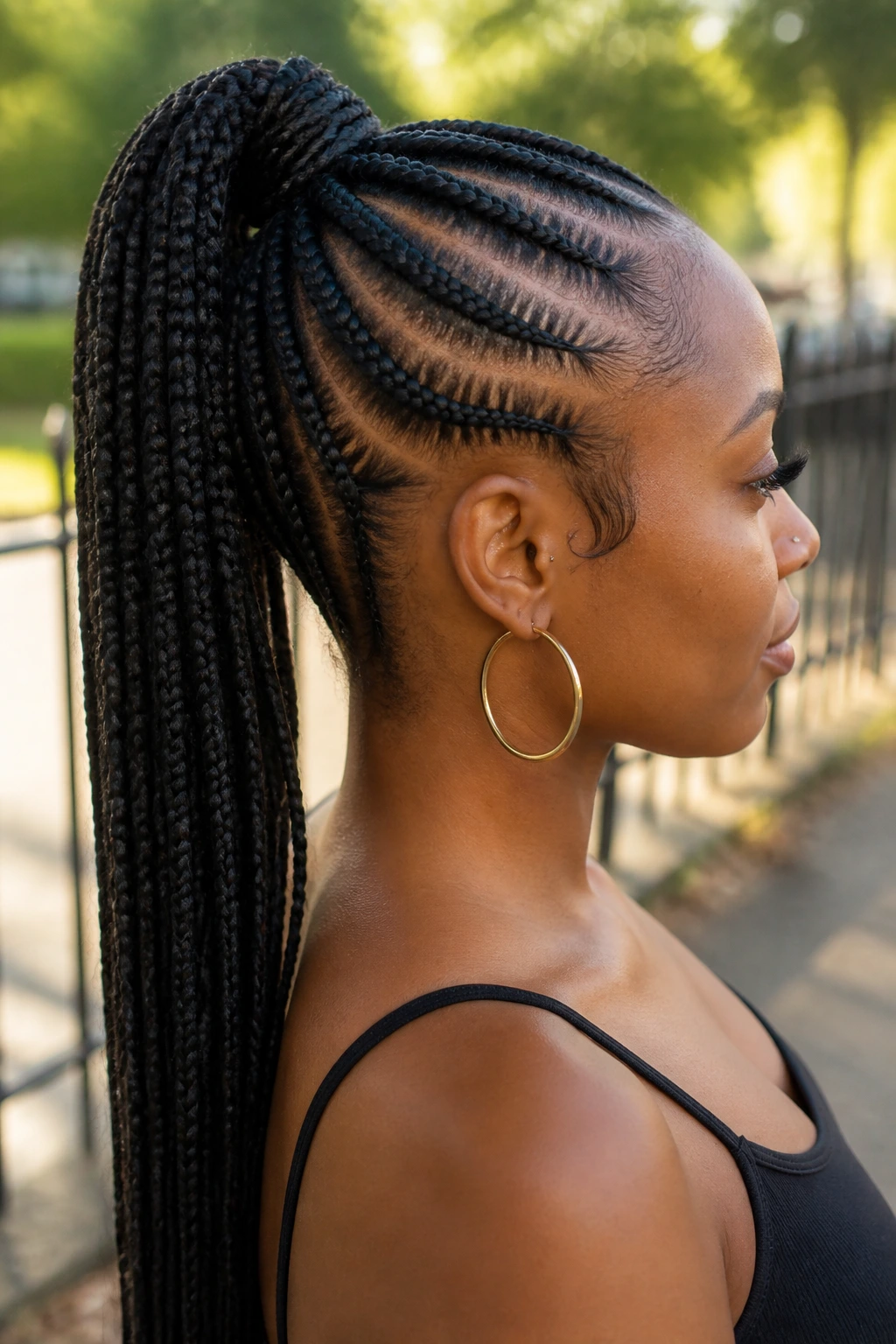 Profile view of woman with feed-in braided ponytail outdoors