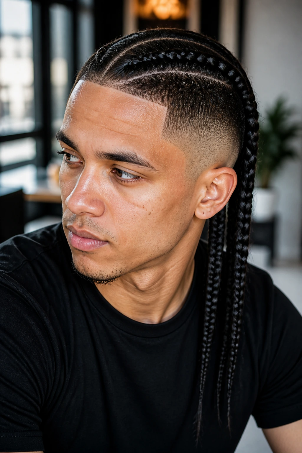 Close-up of a real person with two long feed-in braids and an asymmetrical fade.