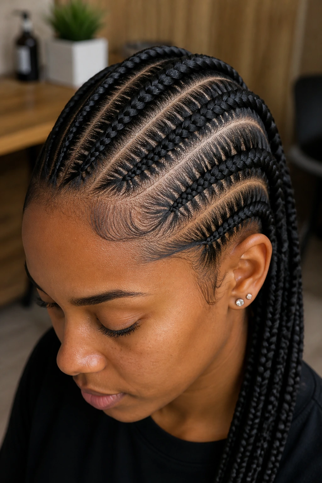 Close-up of a real person with feed-in braids showing a clean hairline and slim first inch