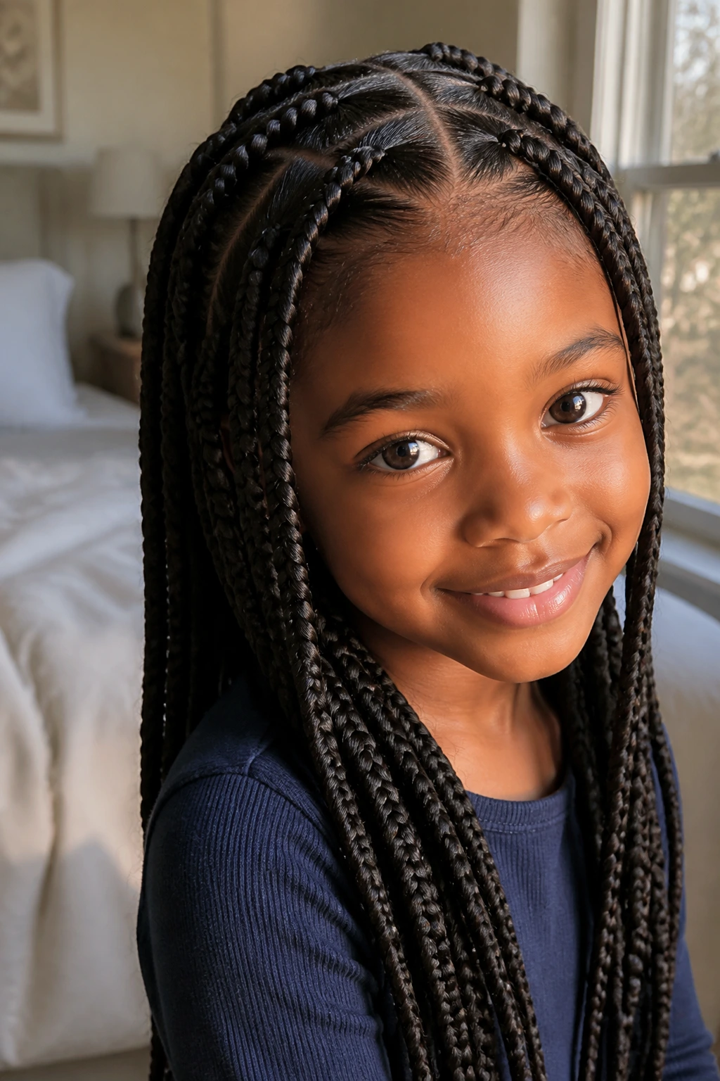Close-up portrait of a real child with feed-in box braids showing neat scalp partings.