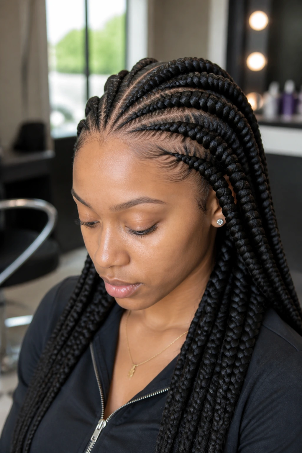 Close-up of real woman with feed-in goddess braids starting tiny cornrow base in a salon