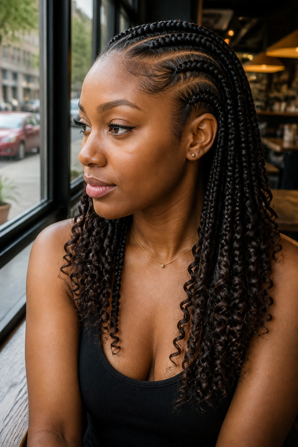 Close-up of a real Black woman with feed-in braids ending in curly textures under natural light