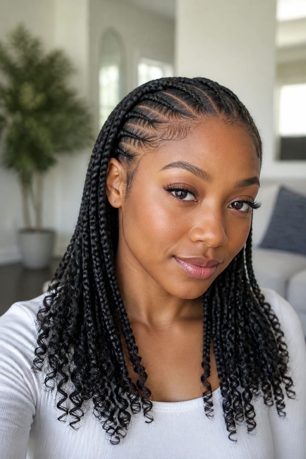 Close-up portrait of feed-in braids with curly ends on a real woman, natural lighting