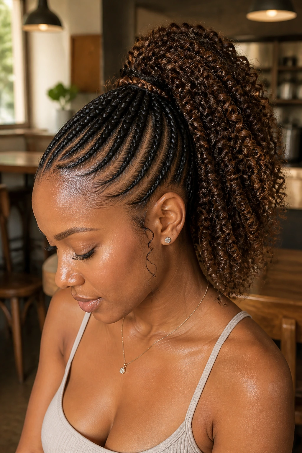 Close-up of feed-in braids transitioning to a curly ponytail on a real woman in a cafe