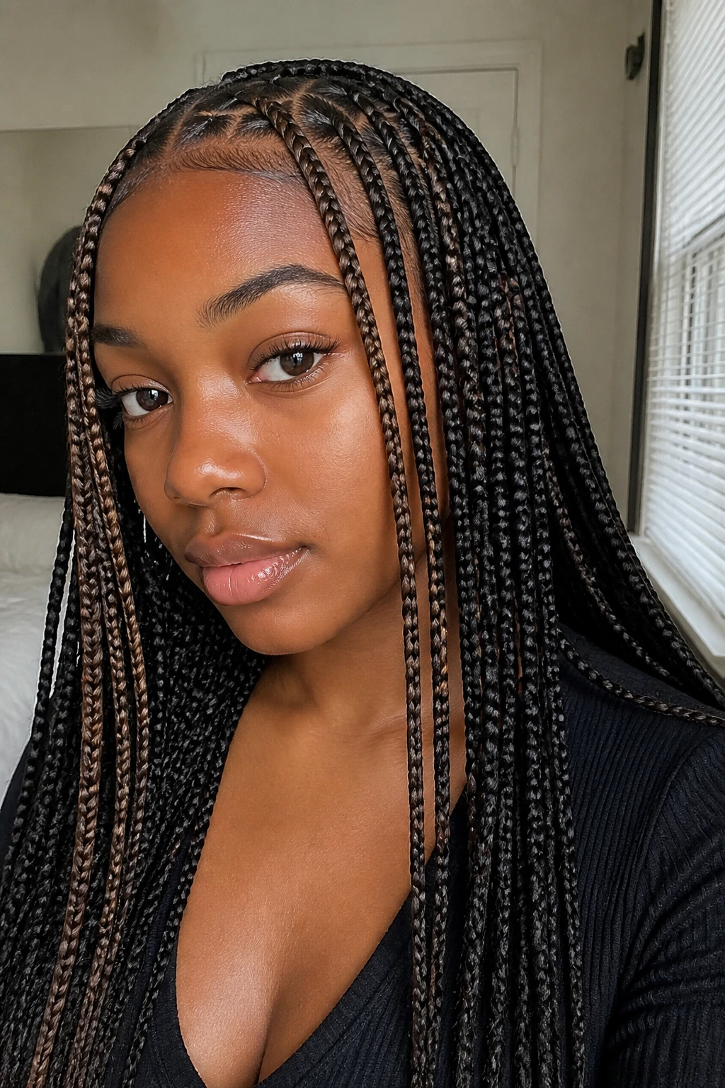 Close-up portrait of a real woman wearing face-framing feed-in box braids by a window