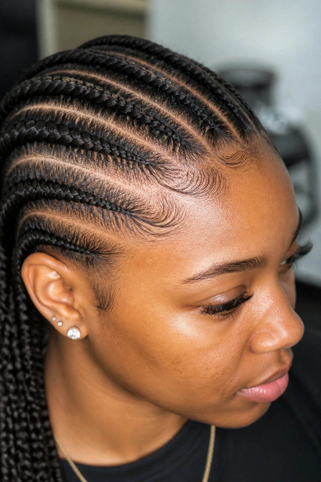 Hairline with slim feed-in braids starting at part, close-up