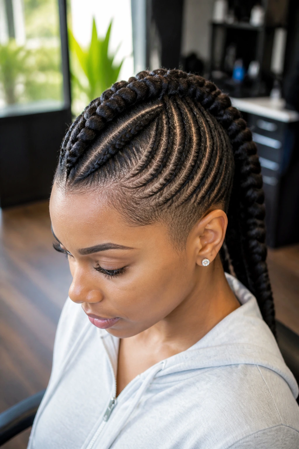 Portrait of a real person with a feed-in braided hawk and soft side panels