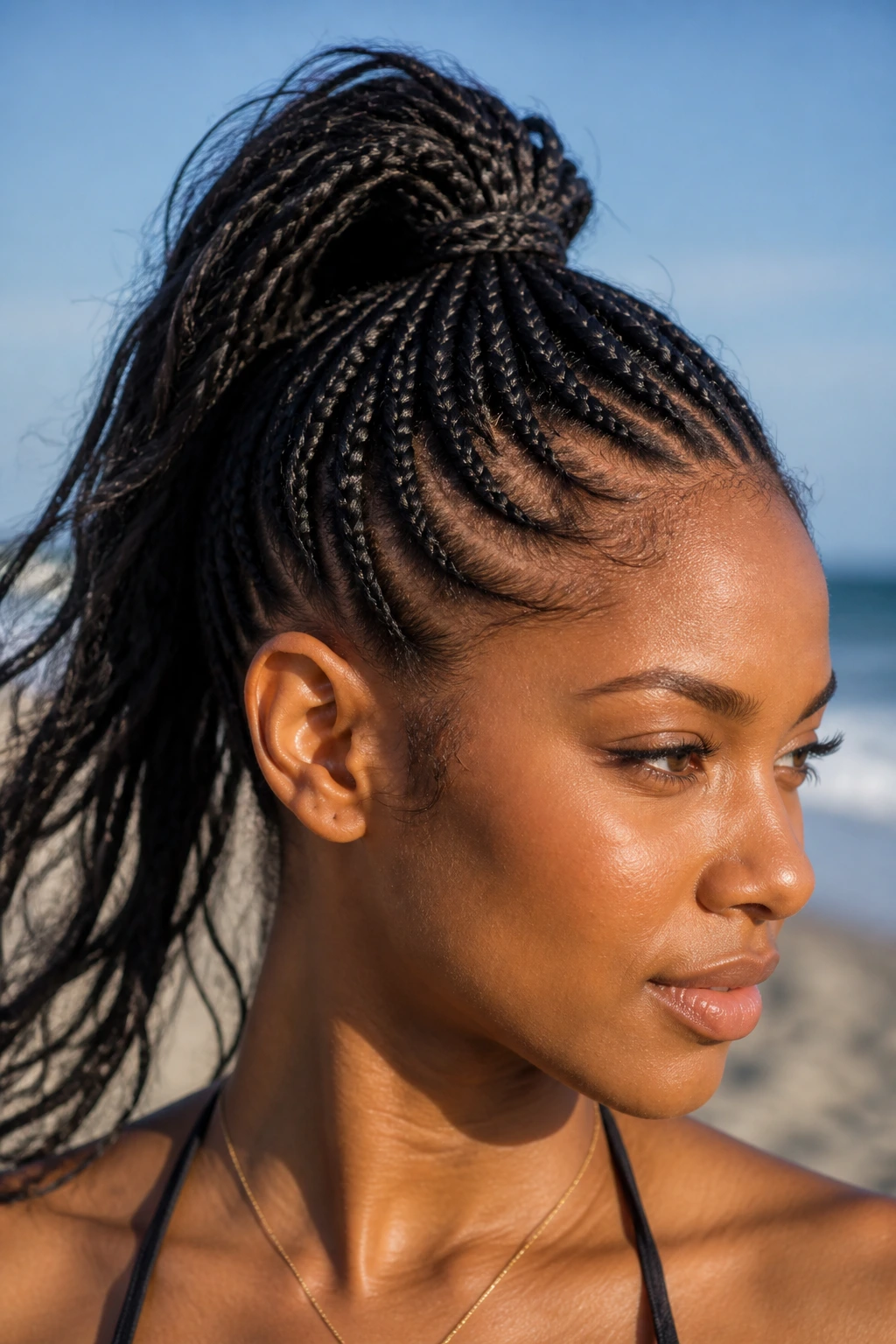 Close-up of a woman with feed-in braids in a high ponytail at a sunny beach