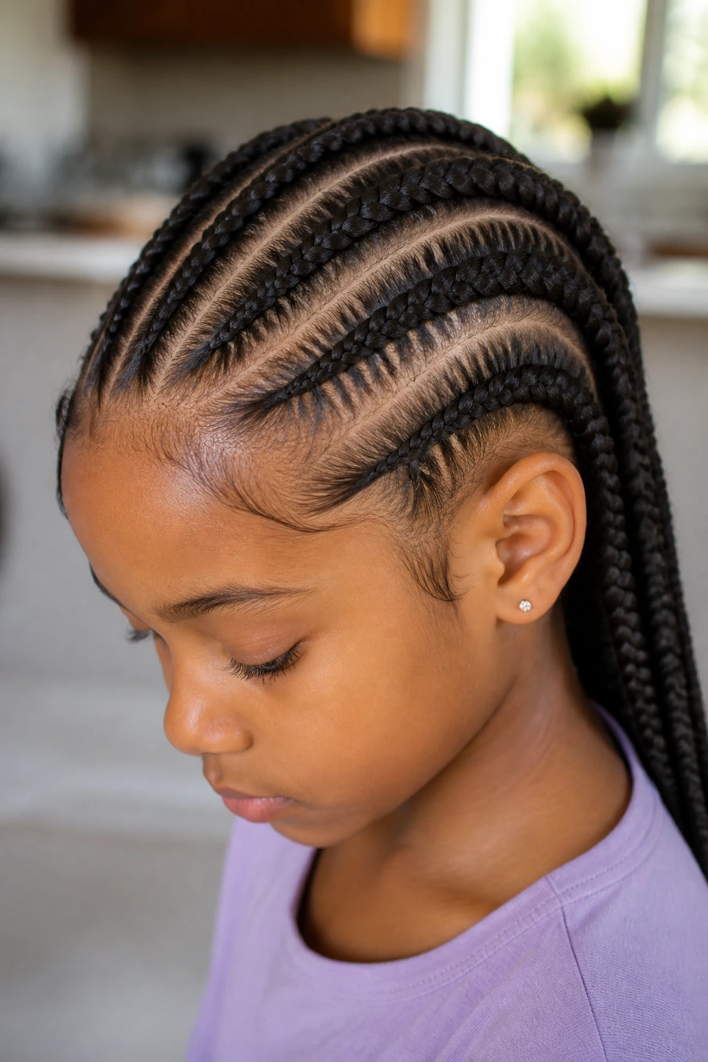 Close-up of a real child with feed-in braids starting at the scalp