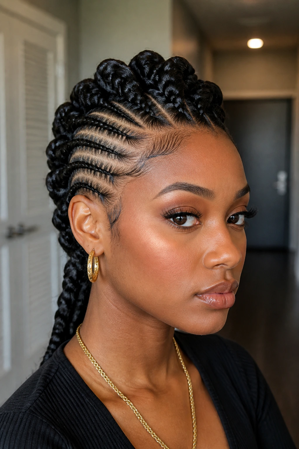 Portrait of a real woman with feed-in braid mohawk in a modern apartment hallway