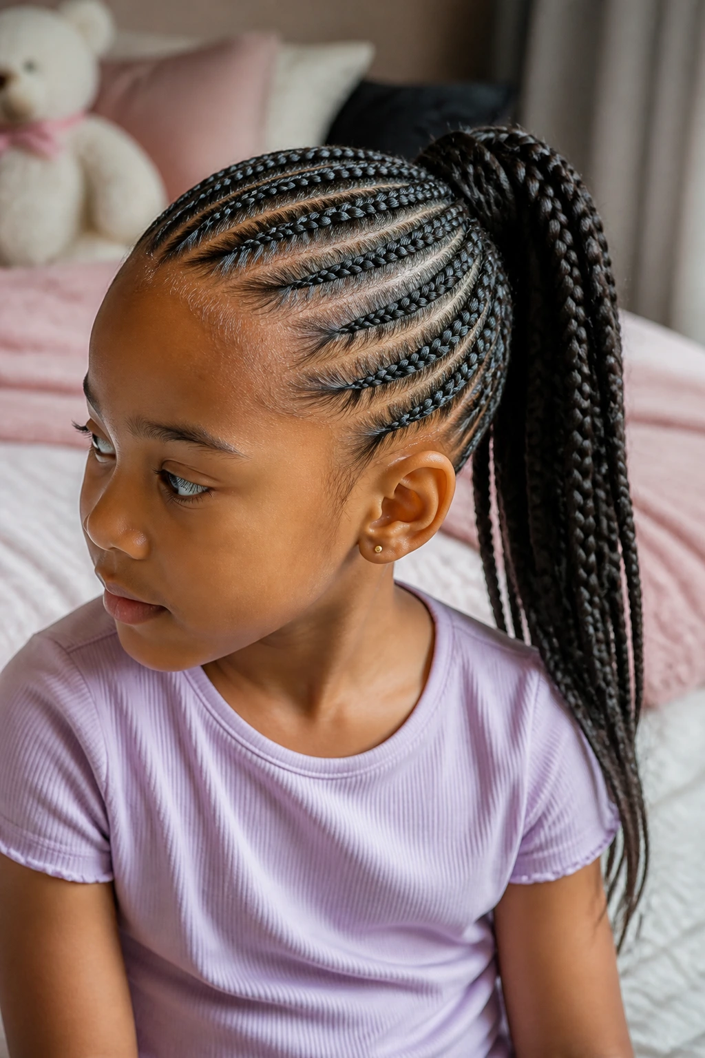 Close-up of a young girl with feed-in braids forming a ponytail in soft window light