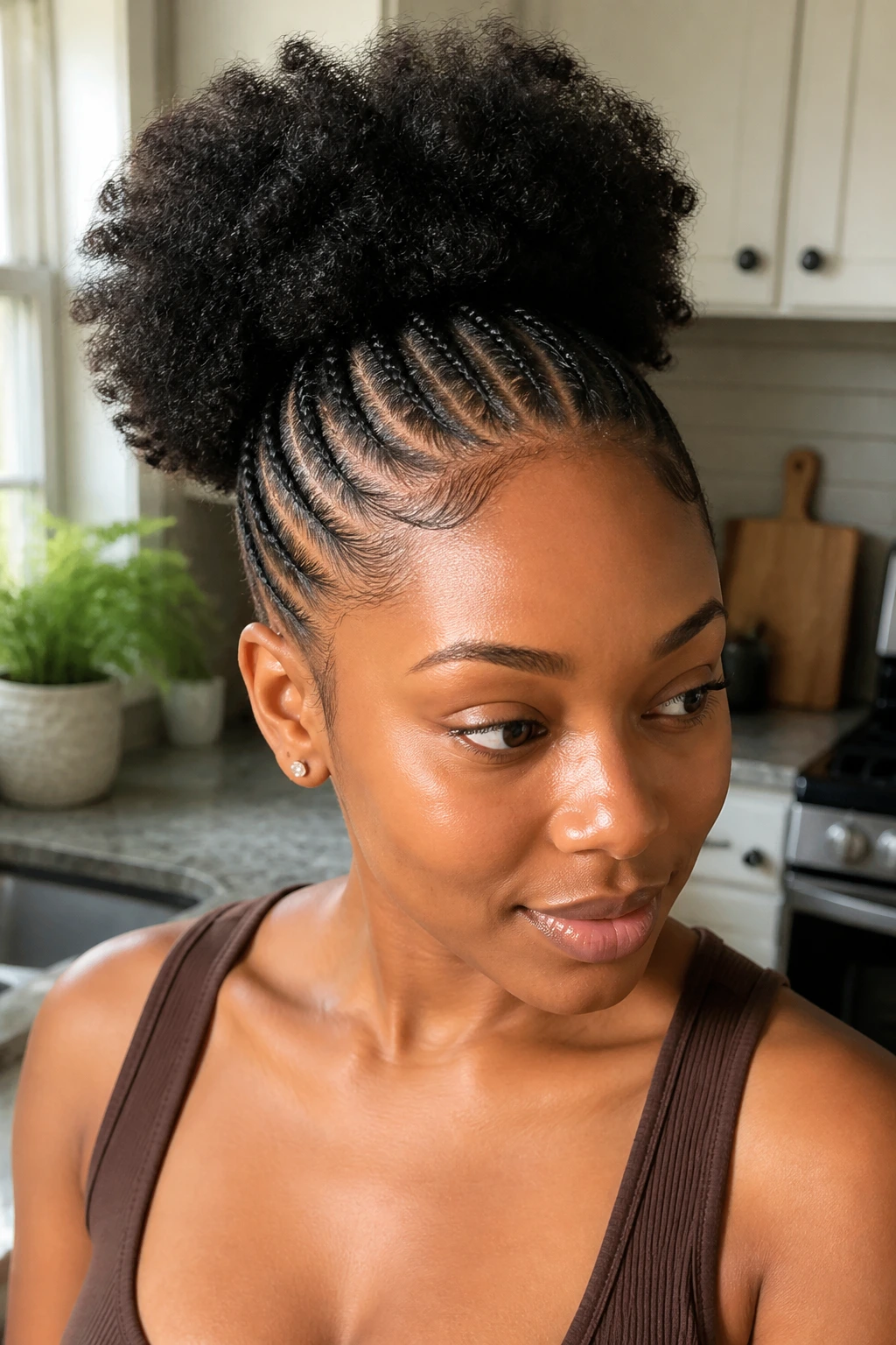 Portrait of a real person with feed-in braids leading into a puff