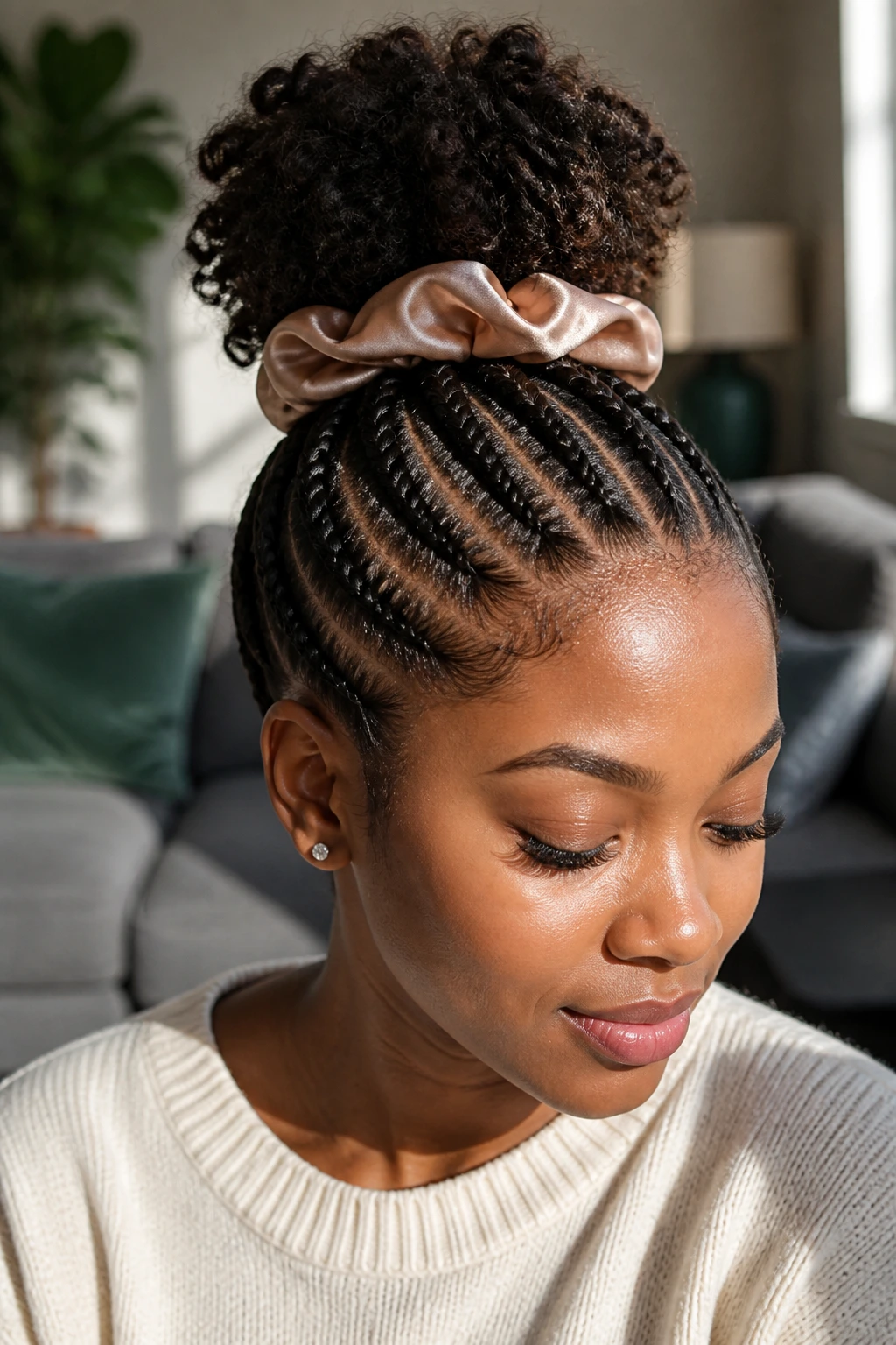 Close-up of a real woman with feed-in braids forming a puff bun at the crown