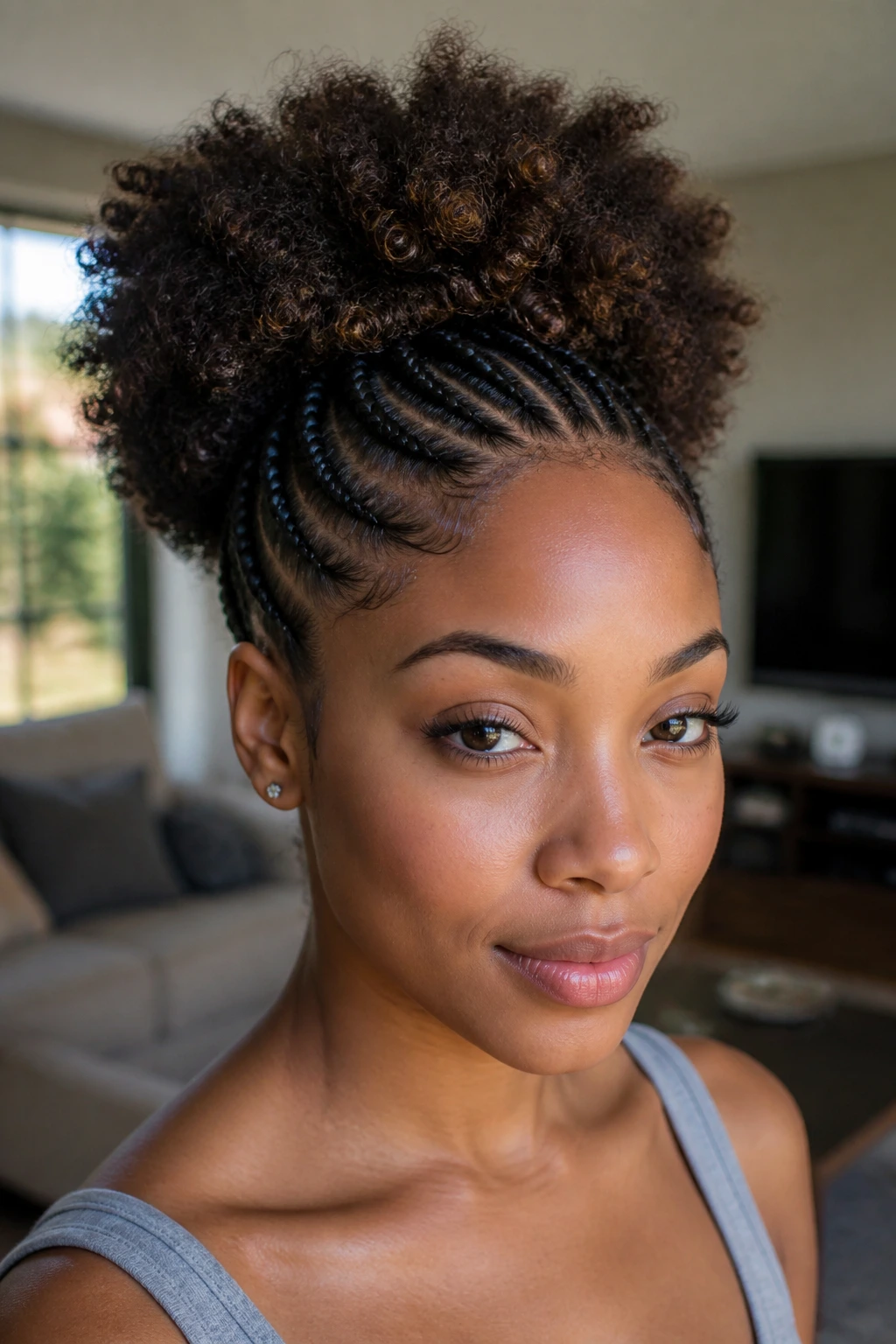 Close-up of a real woman with feed-in braids leading into a puff filling the frame