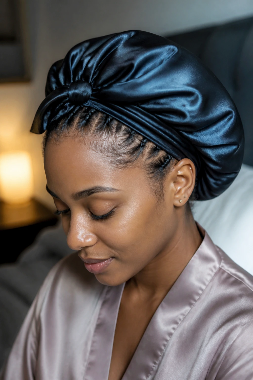 Real woman with satin bonnet over feed-in braids in a softly lit bedroom