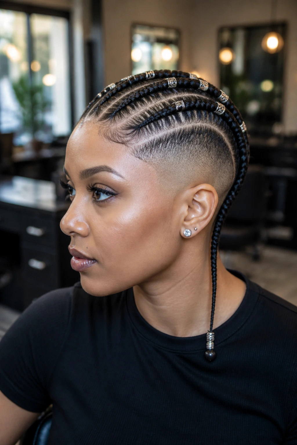 Close-up of a woman with accessorized feed-in braids and skin fade