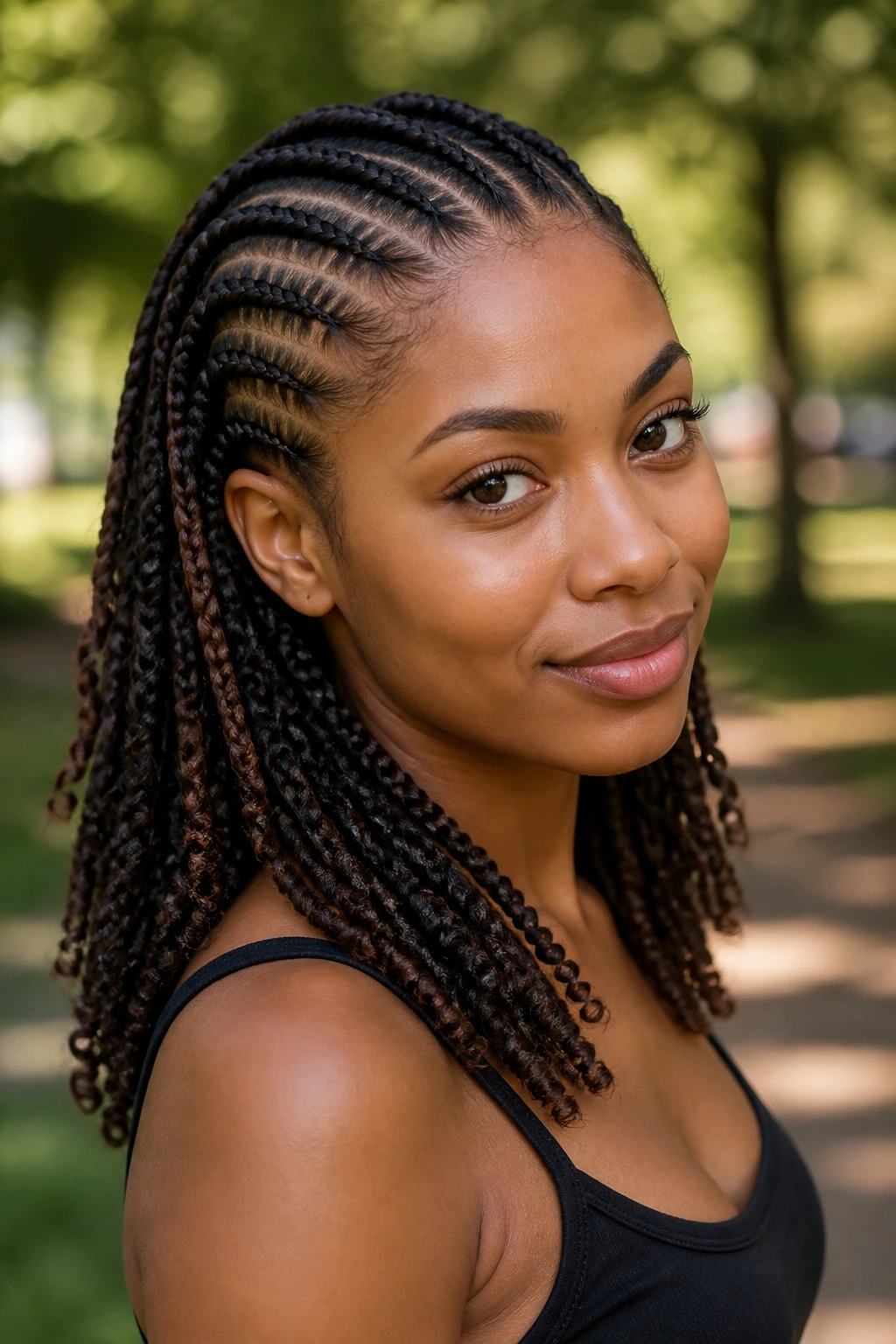 Real woman with feed-in braids transitioning into twists at the ends