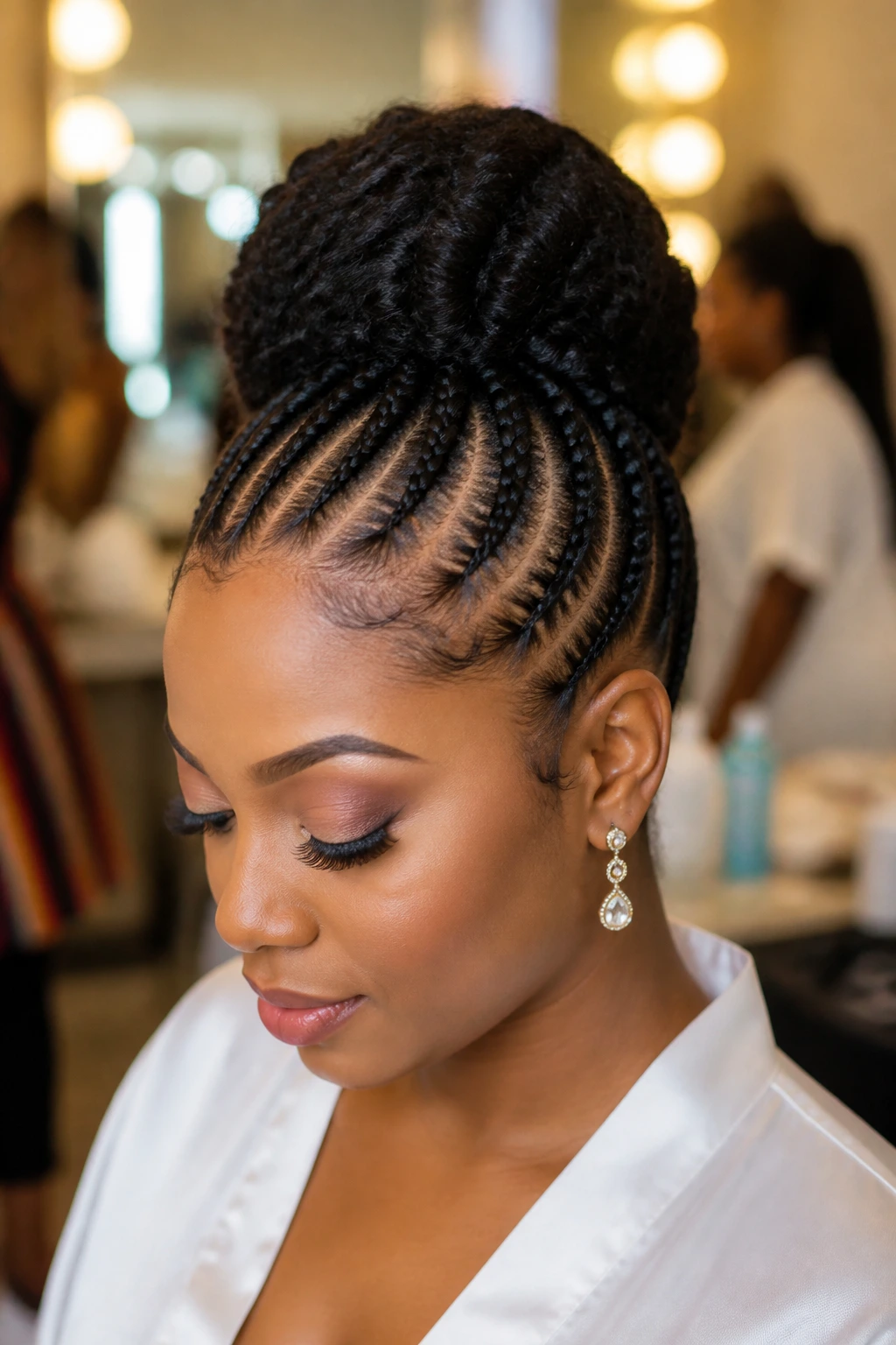 Close-up portrait of a real woman with feed-in cornrow crochet updo and crown bun.