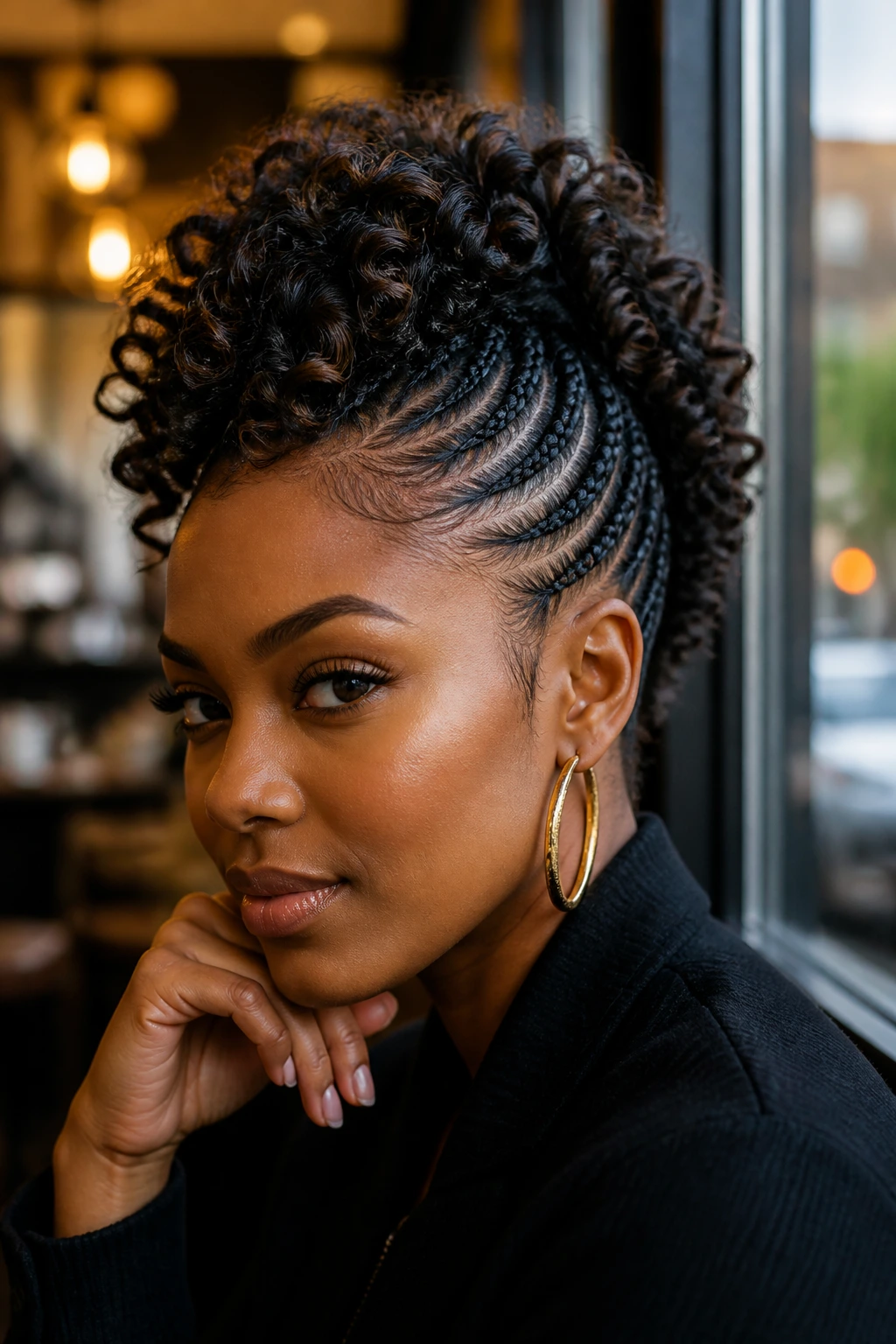 Close-up of real woman with feed-in cornrow Mohawk and curl ends