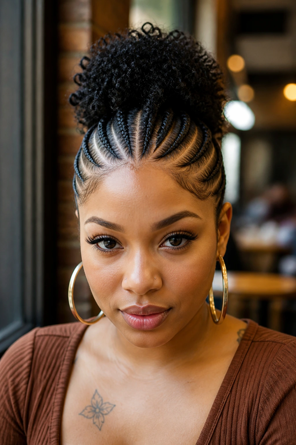 Close-up of a real woman wearing a Feed-In Cornrow Mohawk with a central strip.