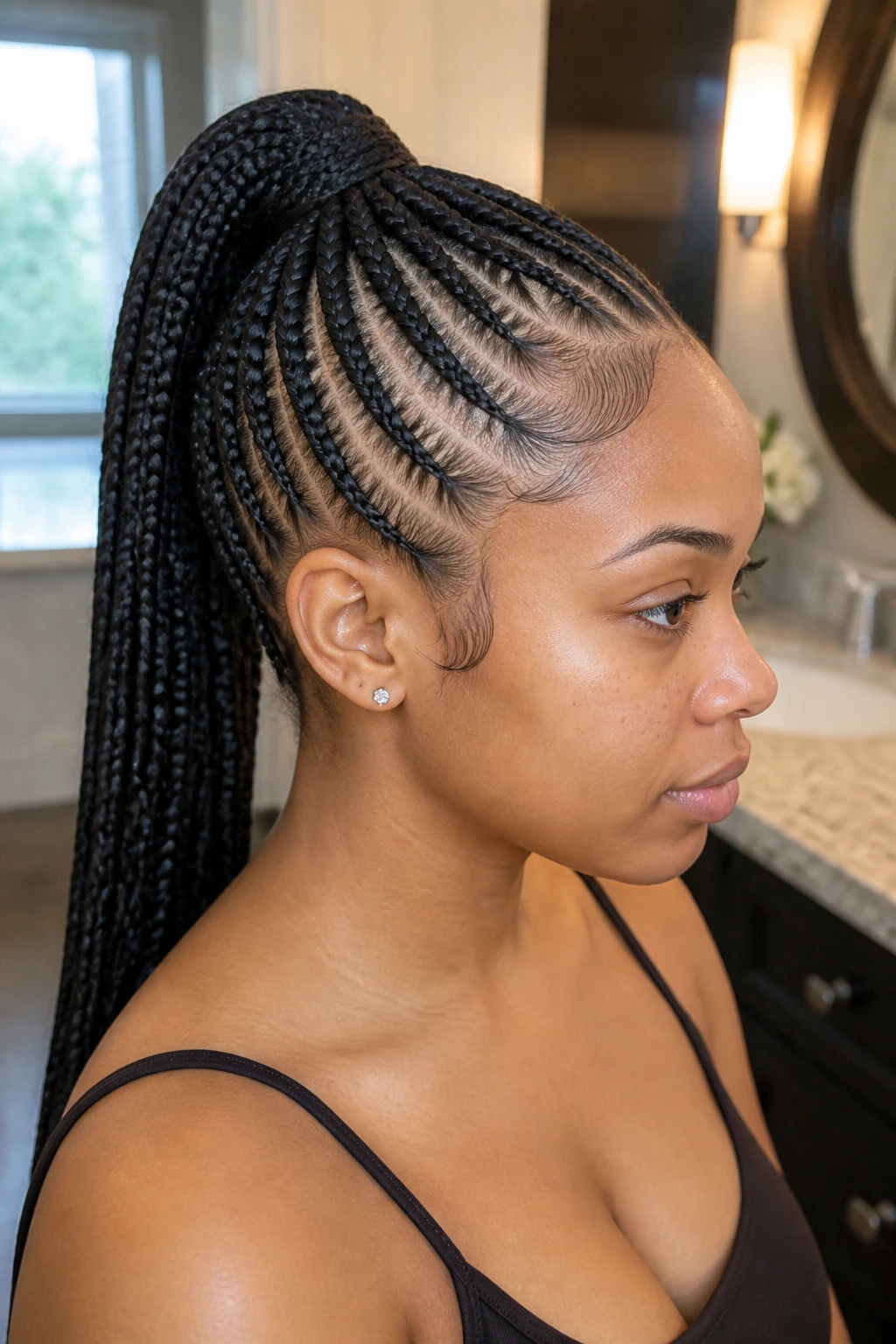 Close-up of a real woman with a feed-in cornrow ponytail and a high sleek pony.