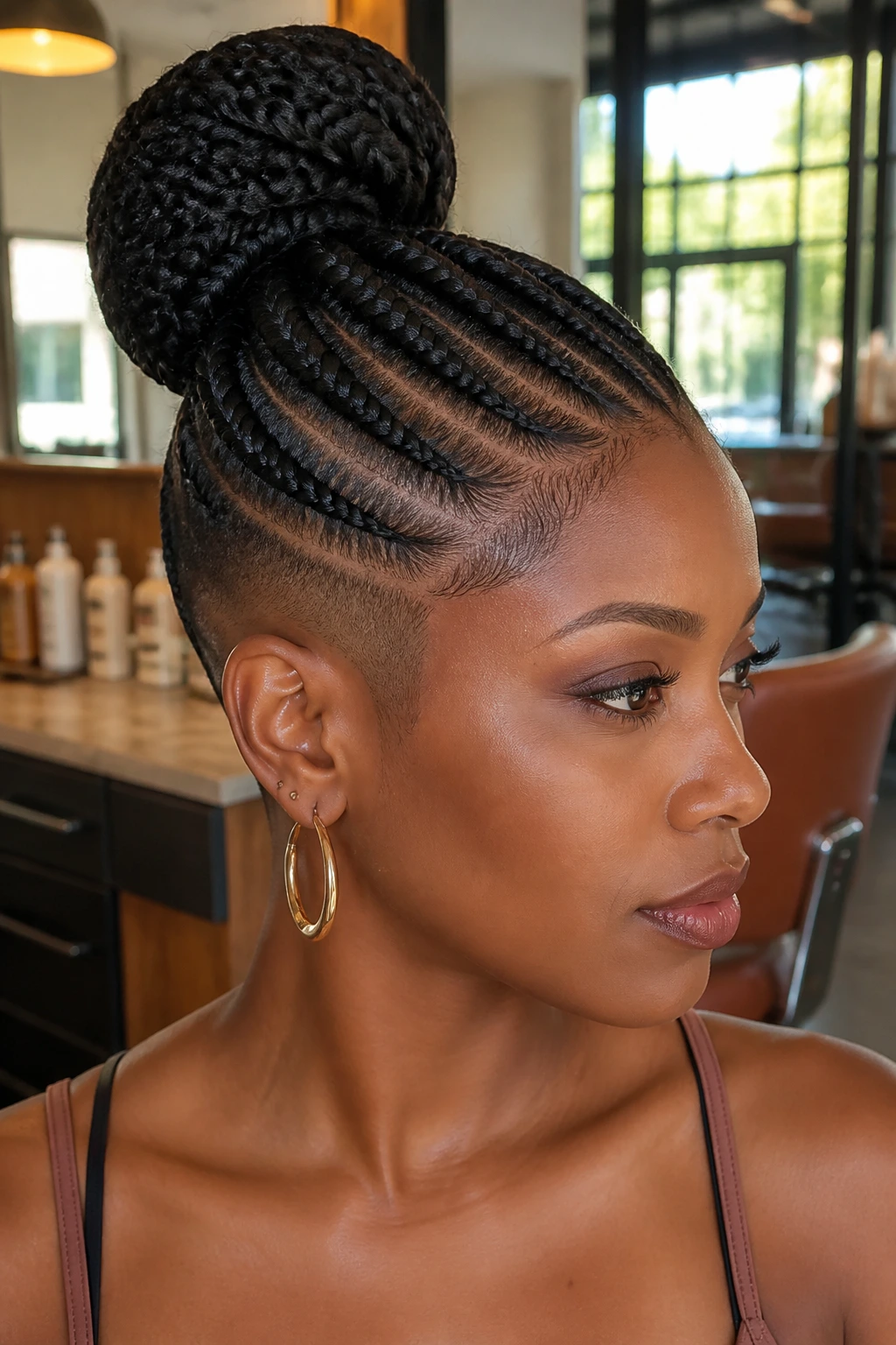 Close-up portrait of feed-in cornrows into a high bun with side fade on a real person