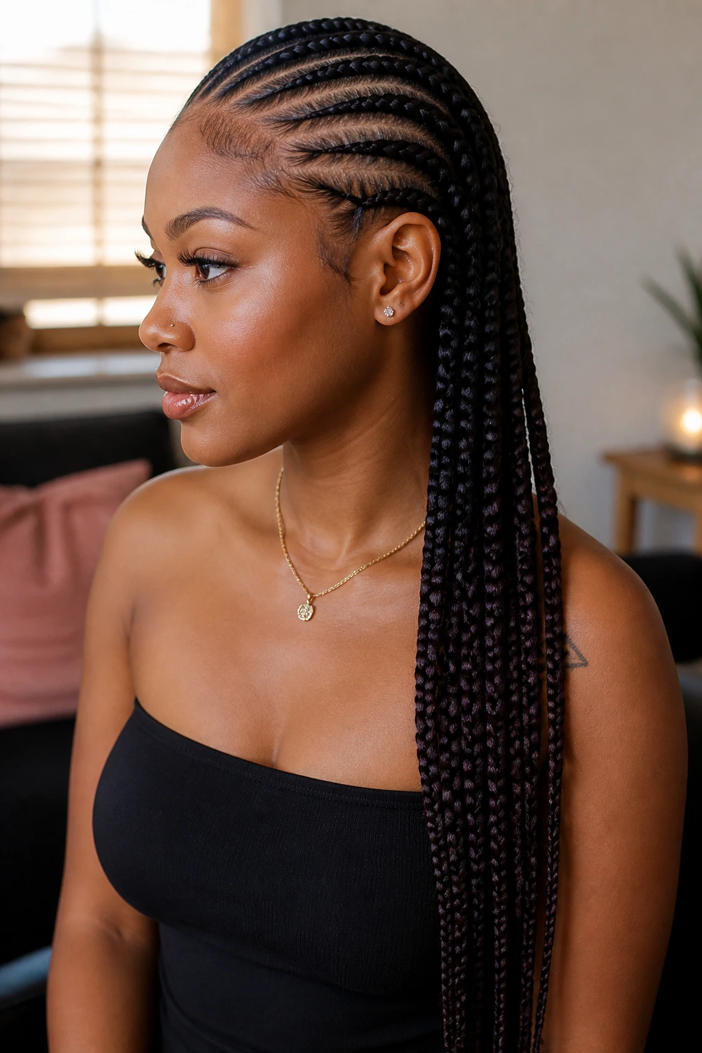 Feed-in braids along the side forming a long tail over the shoulder