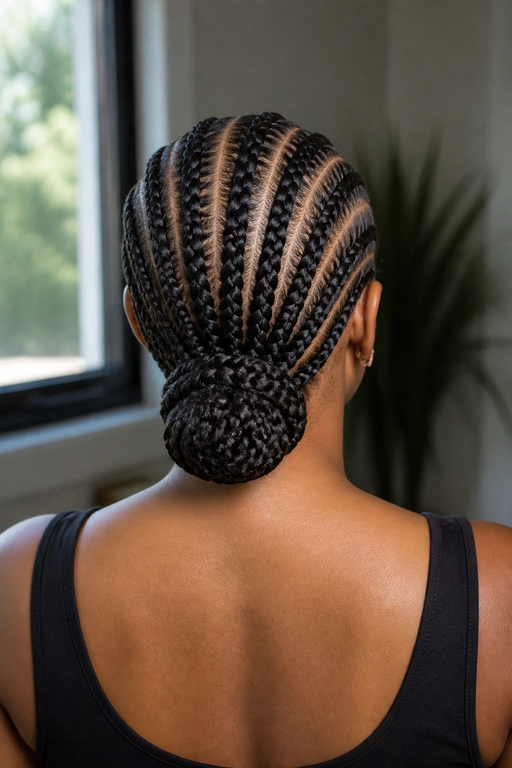 Back view of a woman with feed-in cornrows forming a low bun at the nape