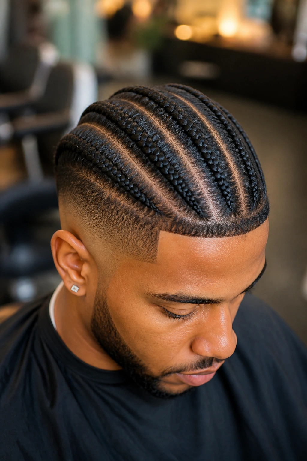 Close-up of straight-back cornrows with a low fade on a real person