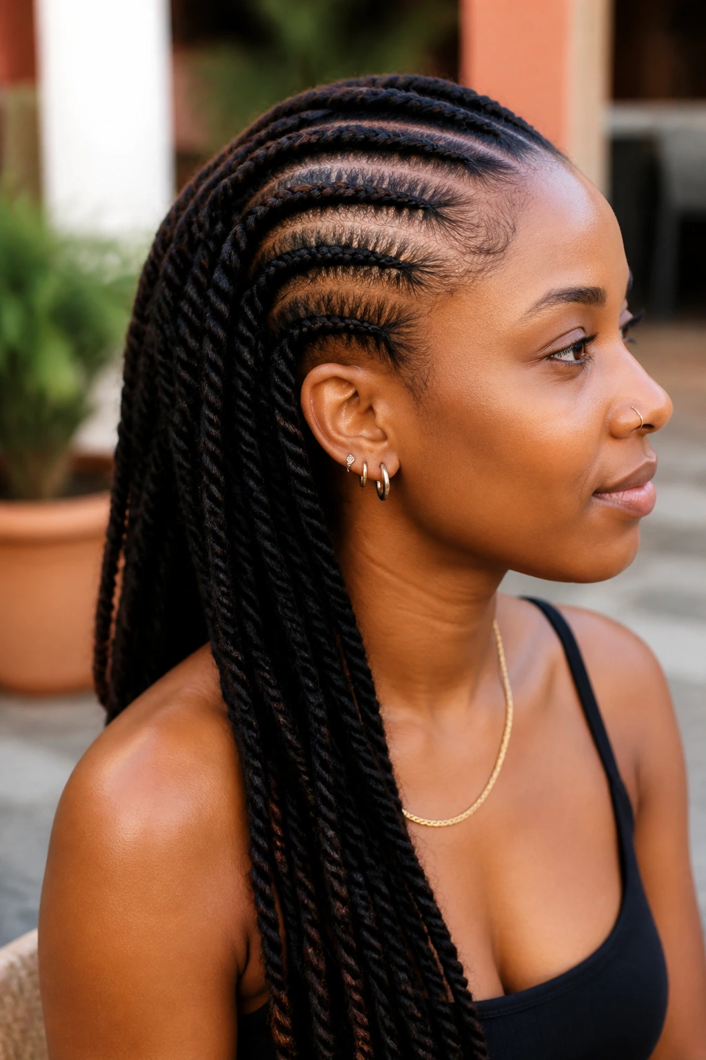 Real person with cornrows feeding into Marley twists close-up