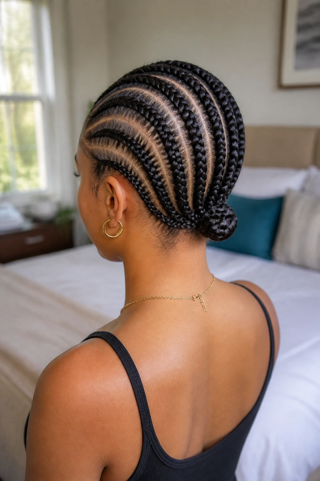 Rear three-quarter portrait of a real woman with feed-in cornrows ending in a nape knot