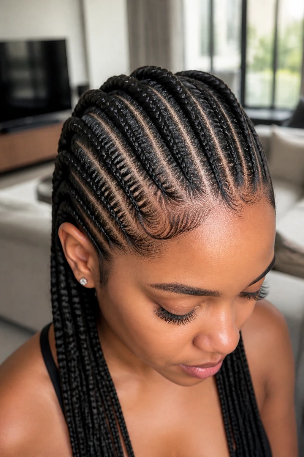 Close-up of a real woman with feed-in cornrows forming a smooth grid.