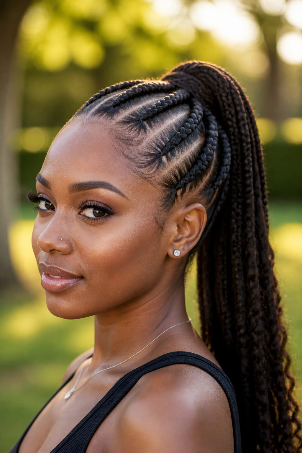 Real woman with feed-in cornrows transitioning into a ponytail in an outdoor park setting.