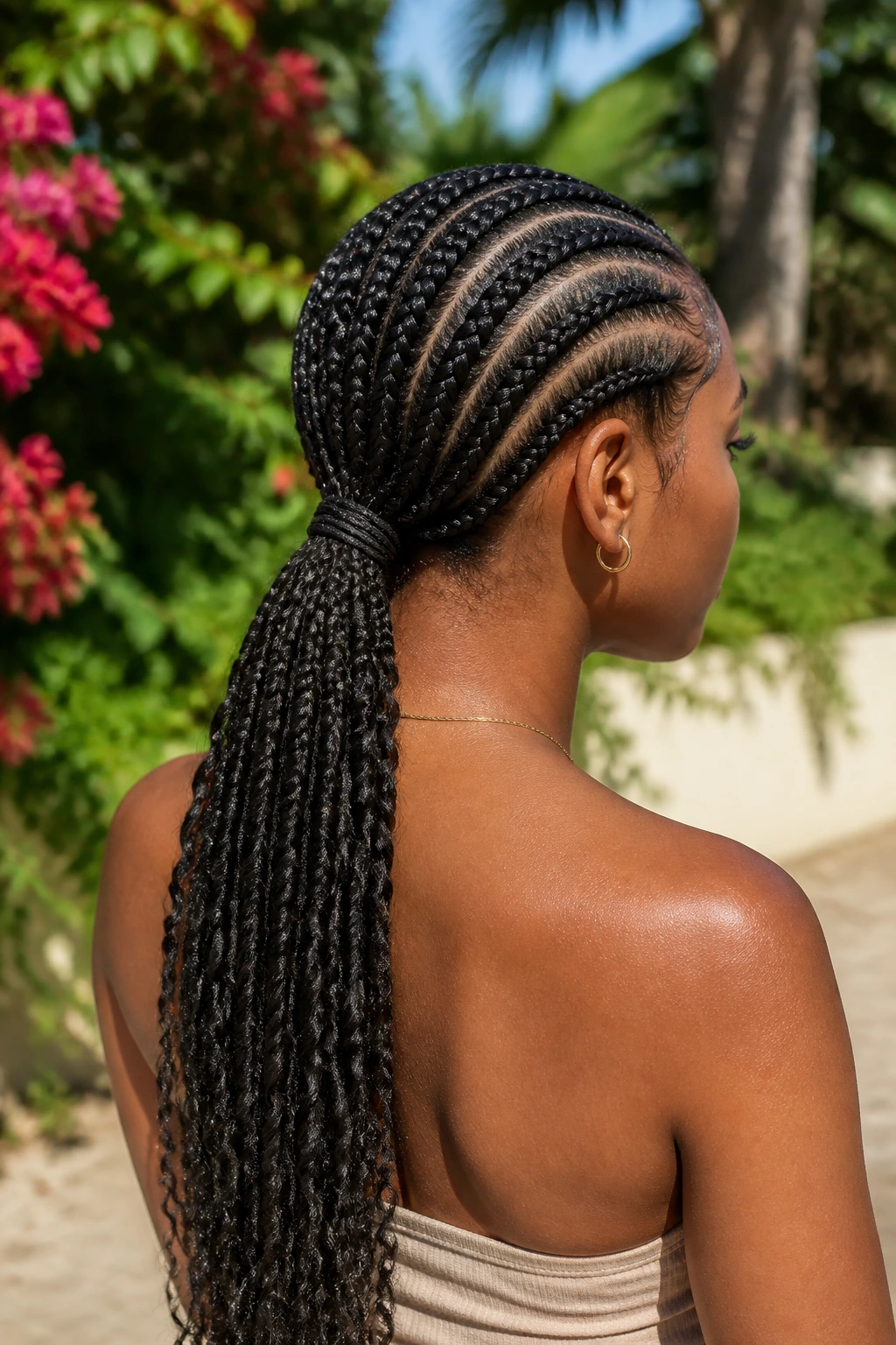 Three-quarter rear portrait of feed-in cornrows into a low ponytail