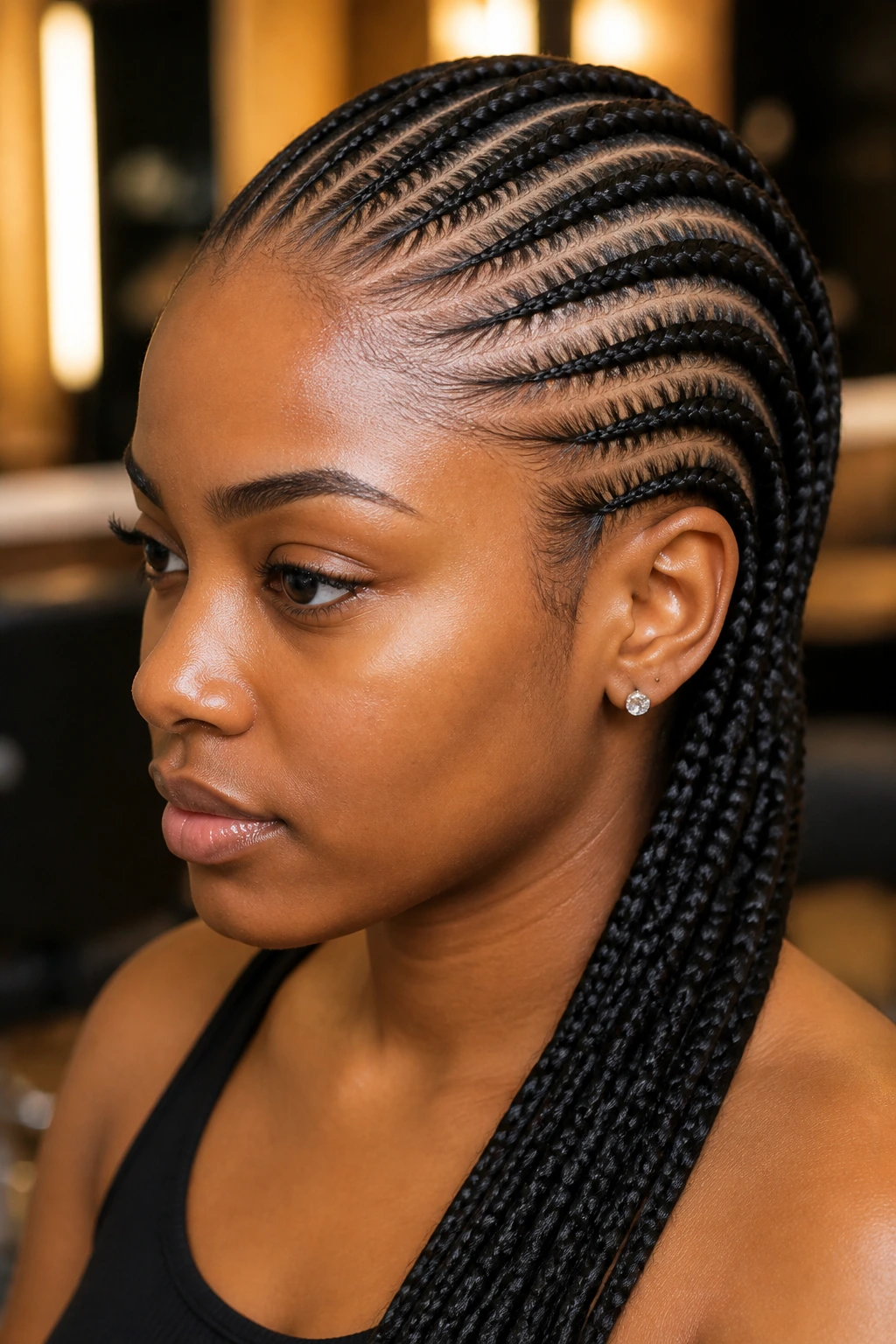 Close-up of a real woman with sleek feed-in cornrows lying flat at the scalp