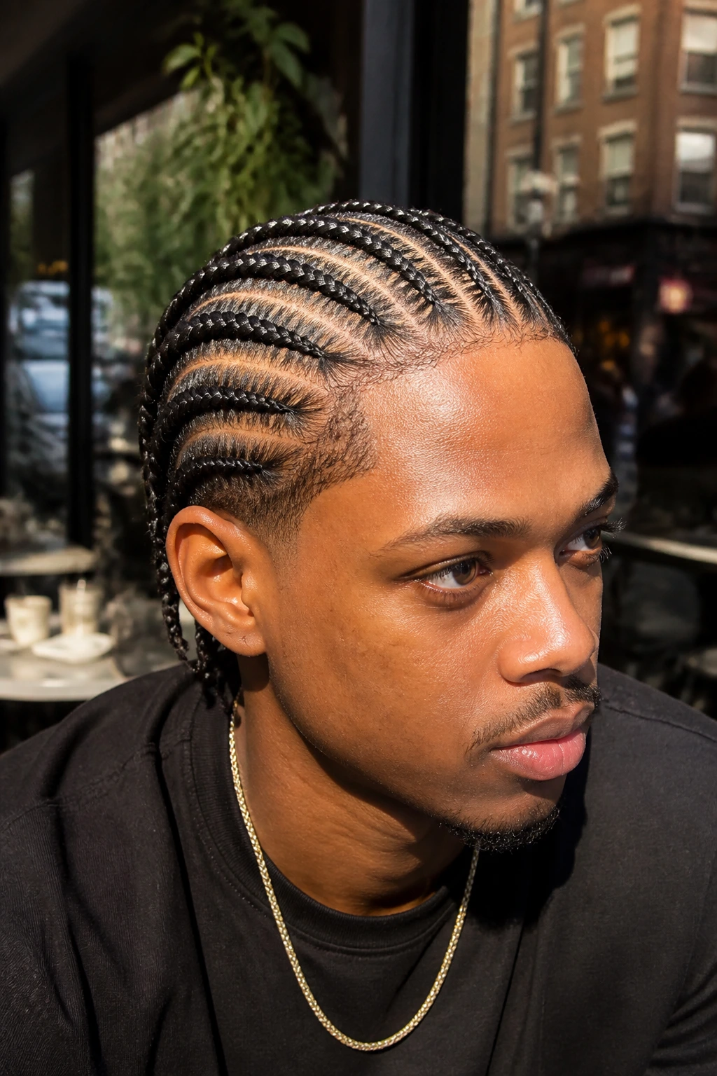 Man with feed-in cornrows at a cafe