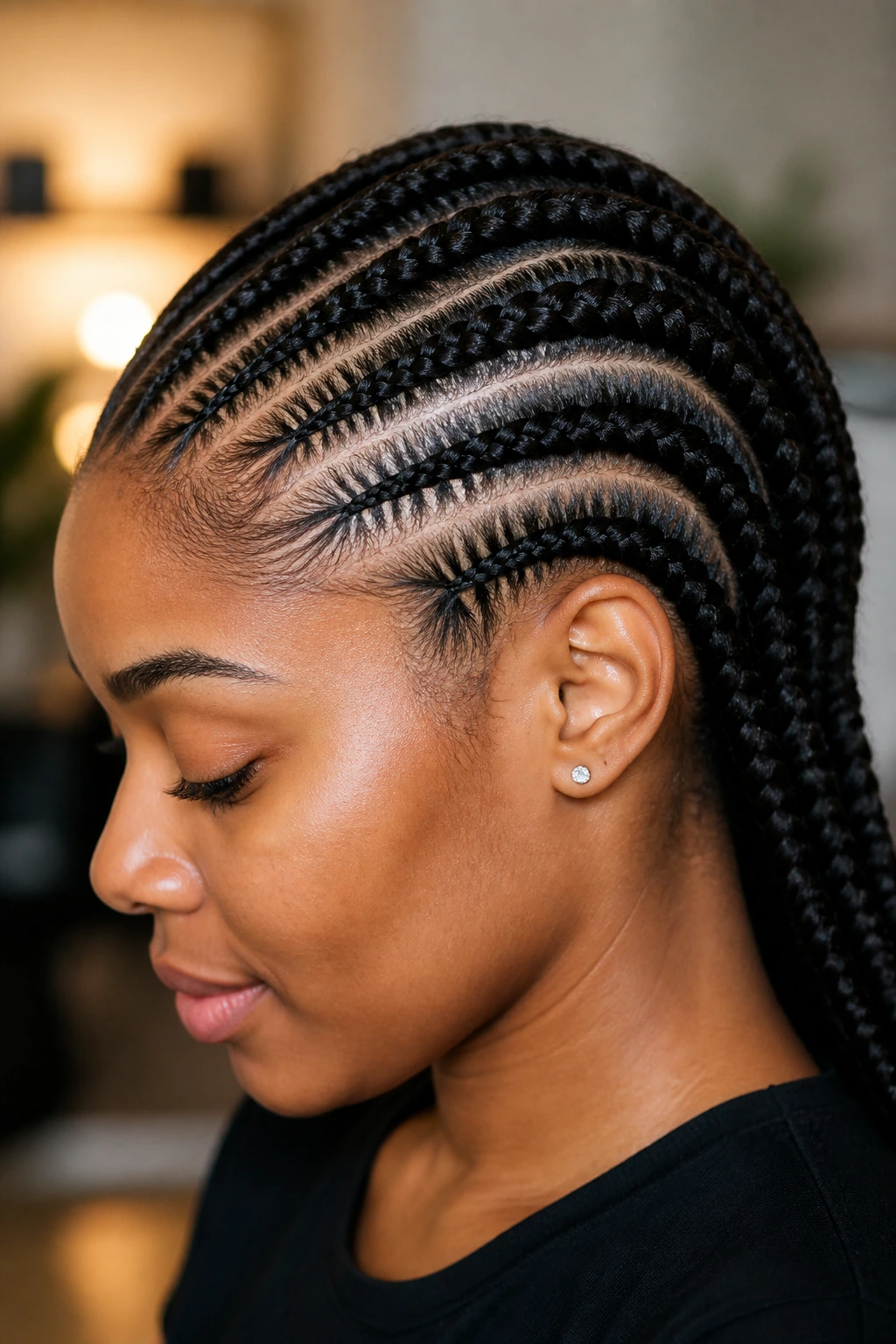 Close-up of a woman with feed-in cornrows under soft indoor lighting