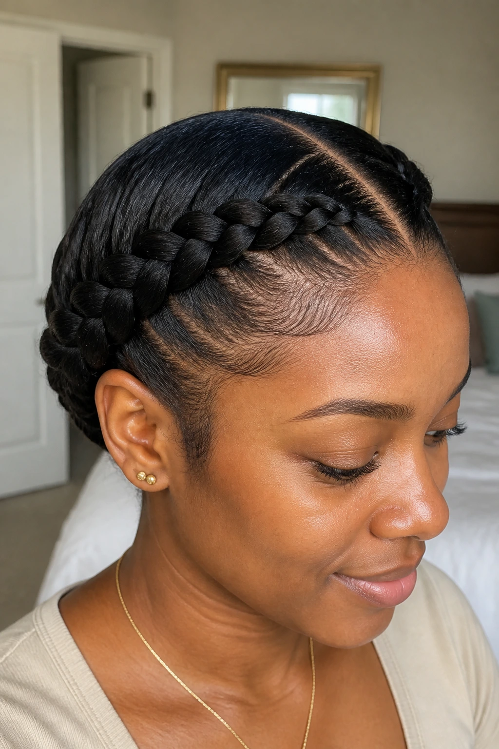 Real woman wearing a feed-in crown braid with a clean part around the crown