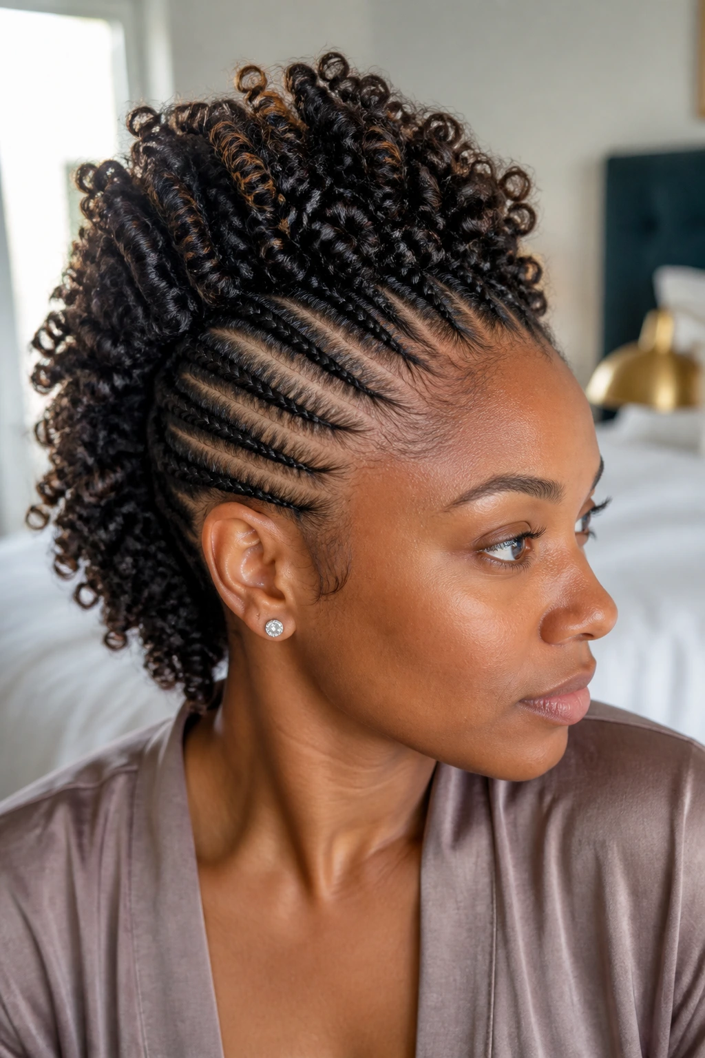 Close-up of a real Black woman with feed-in-to-curl transition mohawk