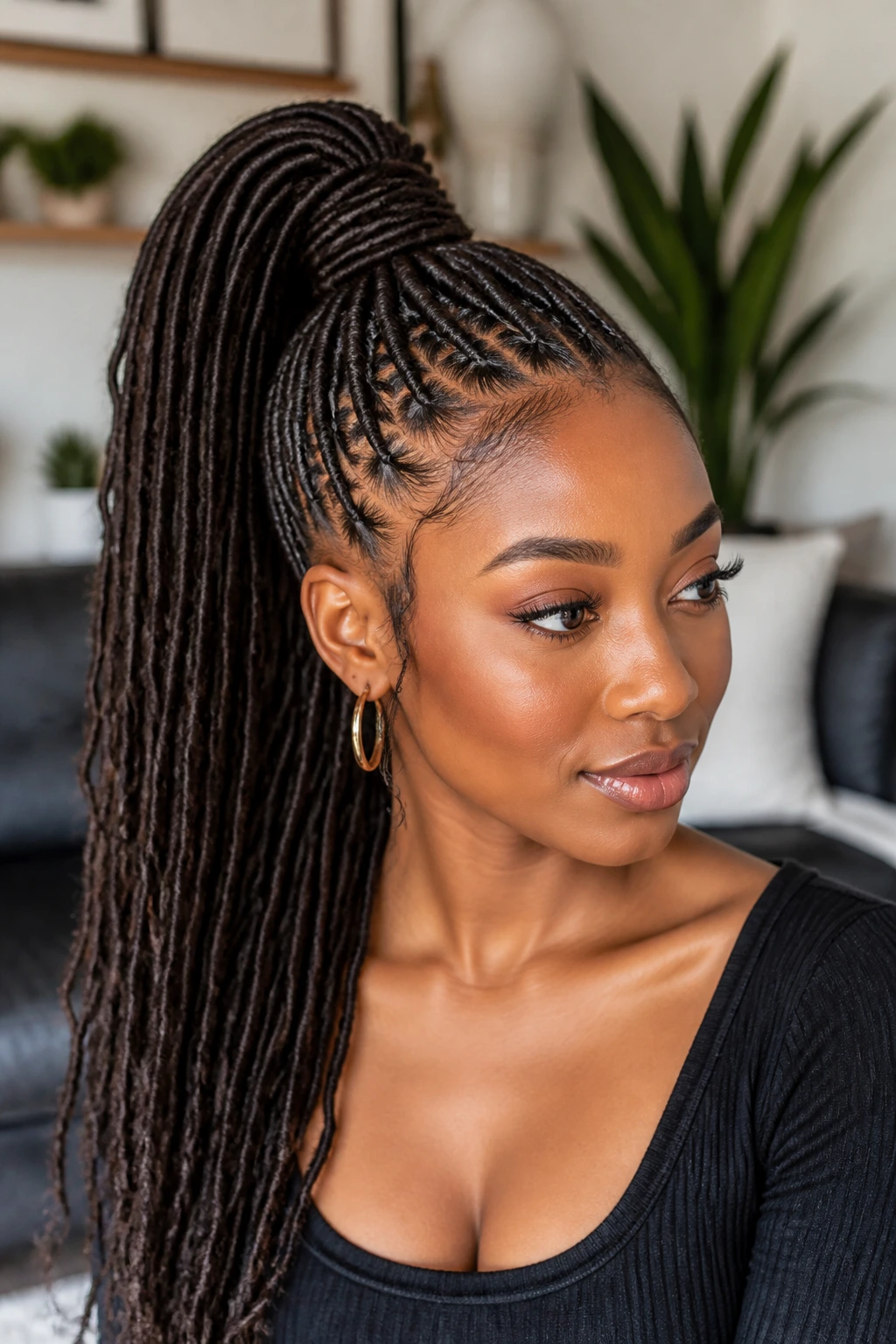 Portrait of a person with a high feed-in faux loc ponytail with a smooth base.