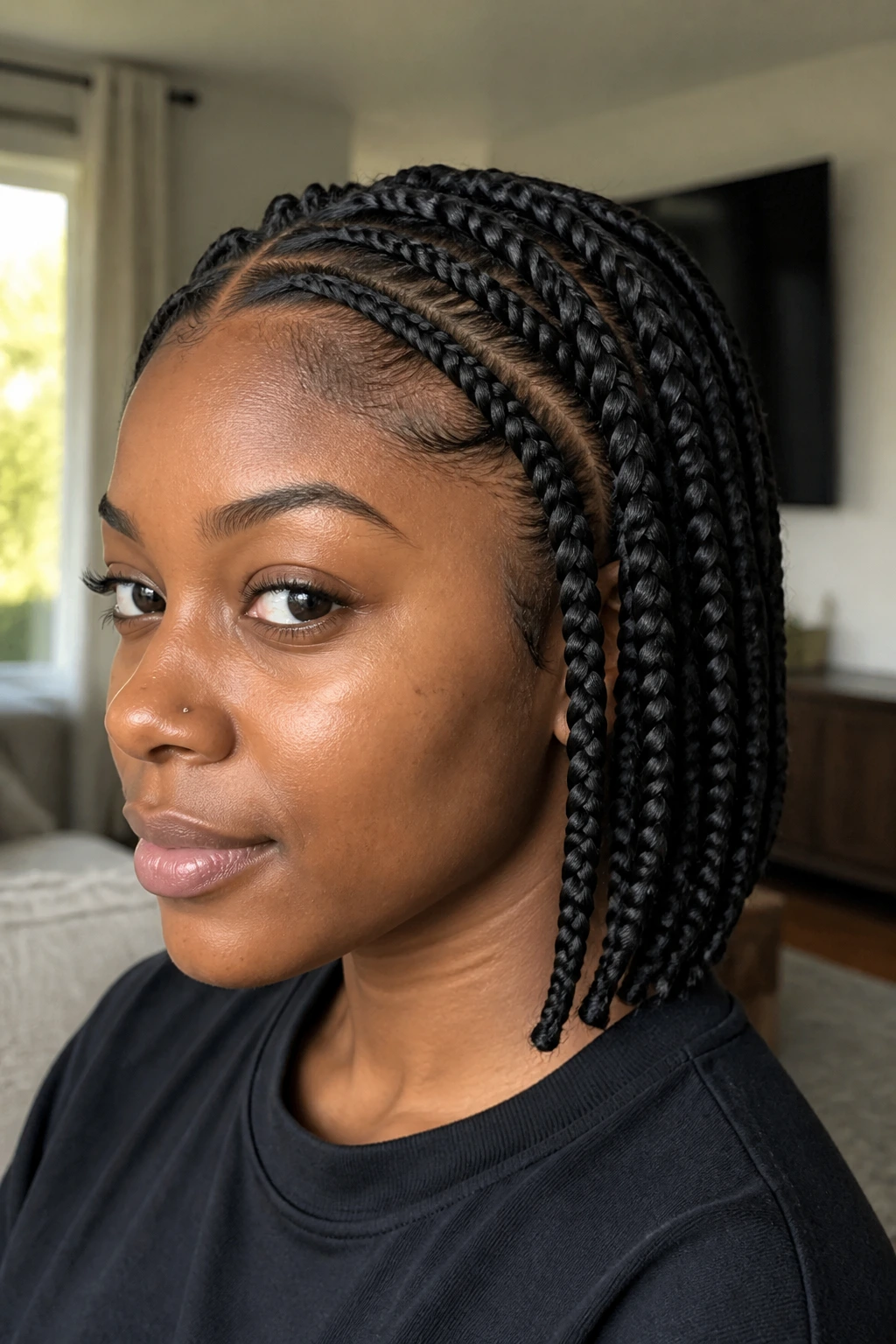 Close-up of a real woman with feed-in front box braids showing smooth front