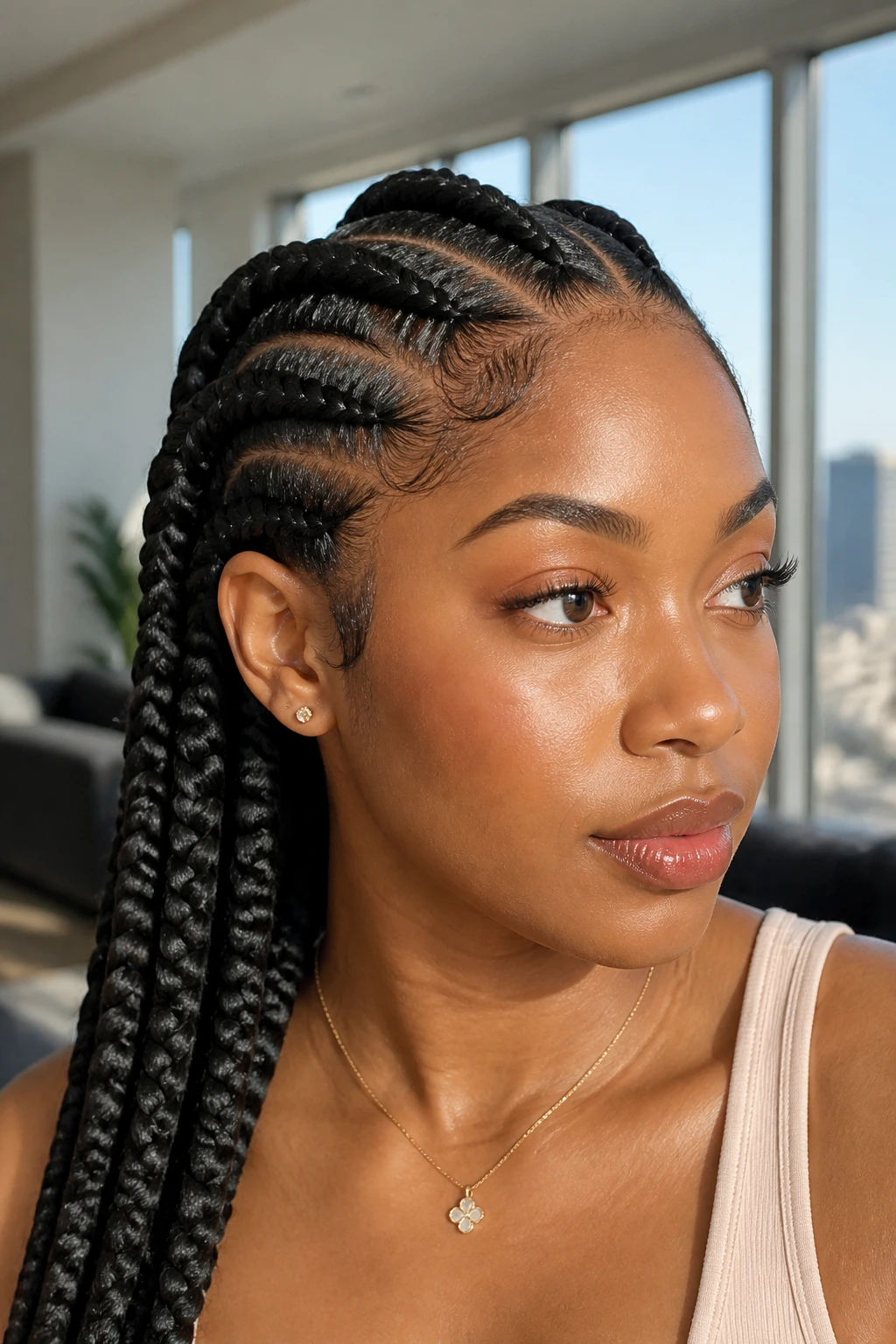 Portrait of a woman with feed-in front jumbo box braids framing the face