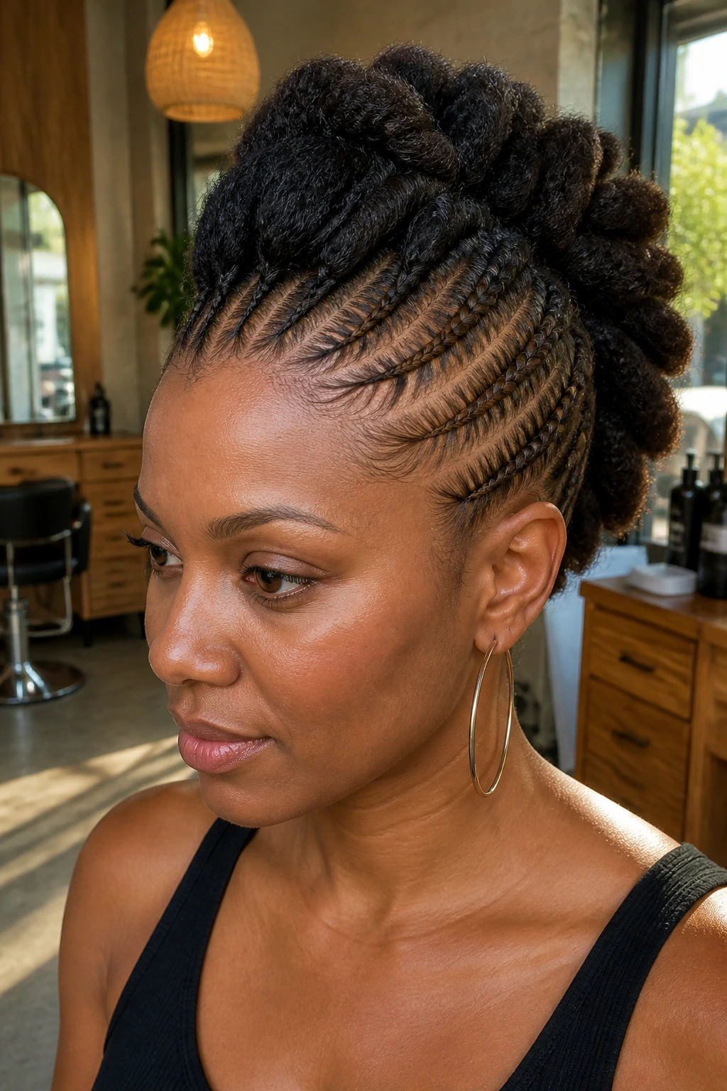 Close-up portrait of a person with feed-in front crown mohawk, neat braids and central ridge.