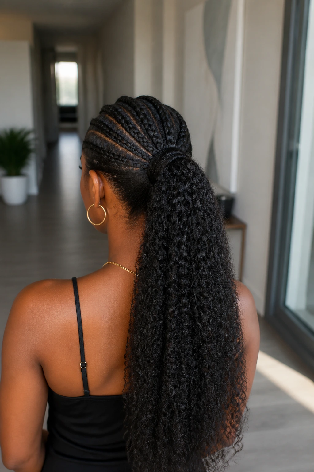Back view of a real person with a feed-in ponytail