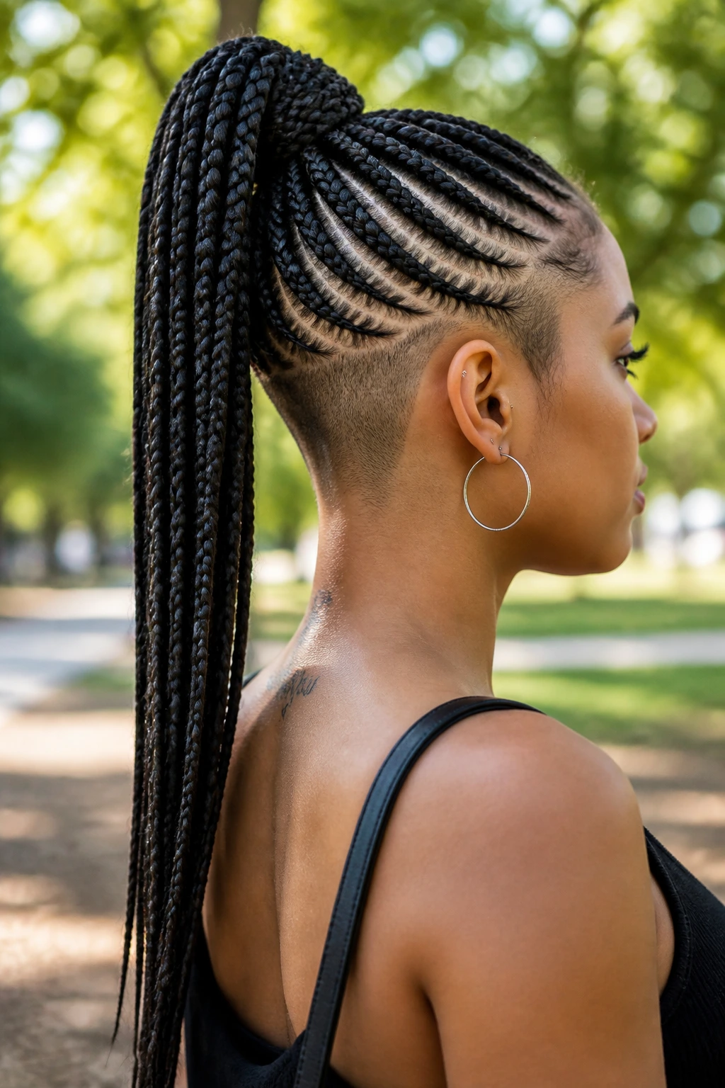 Close-up of feed-in ponytail with shaved nape on a real person.