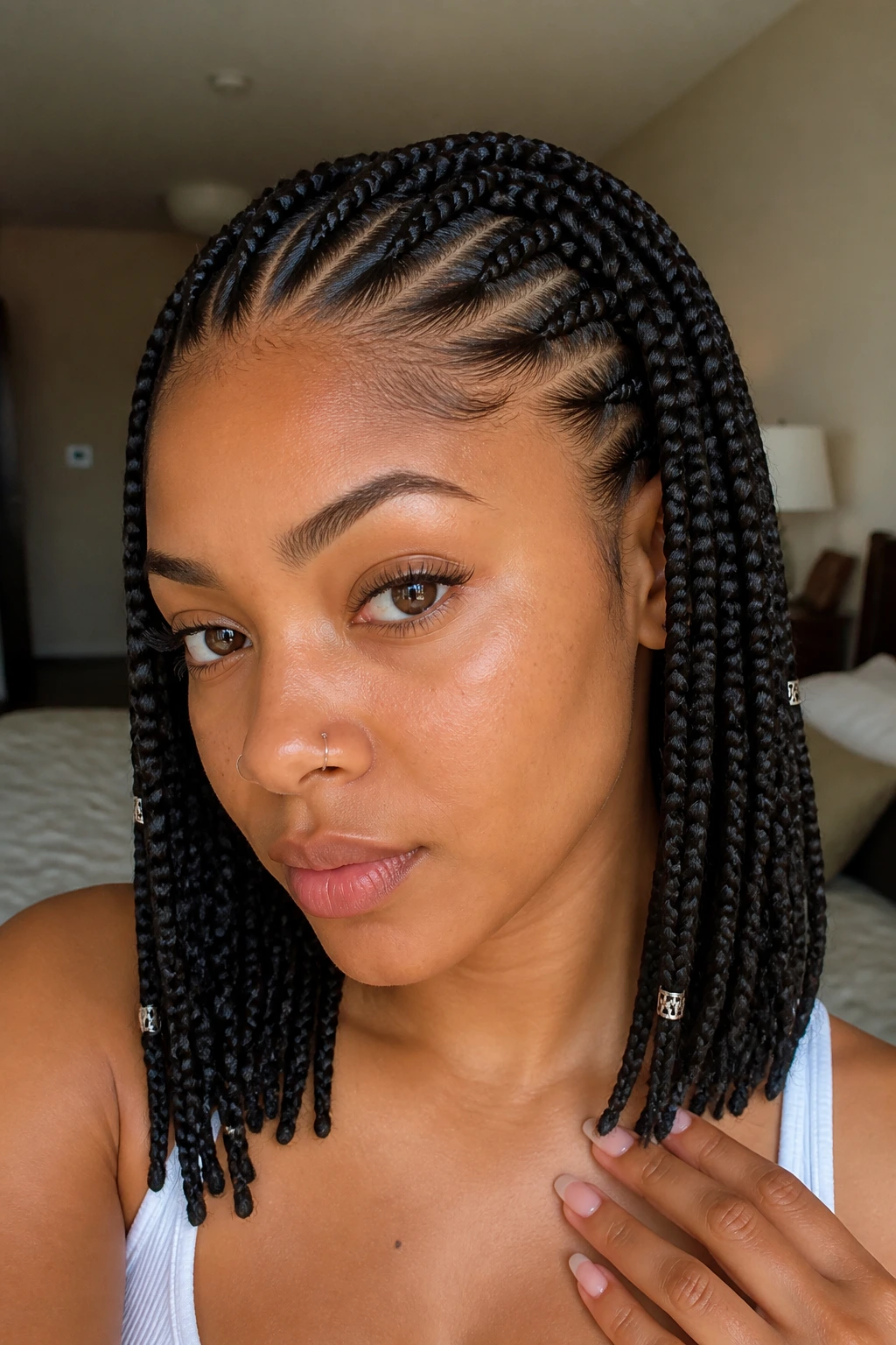 Close-up of a real woman with front feed-in rows transitioning into box braids in a softly lit bedroom