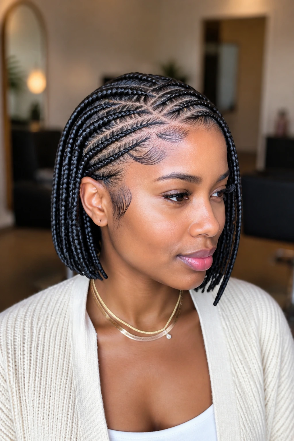 Close-up of a real person with feed-in stitch braids at bob length, neat stitched rows.