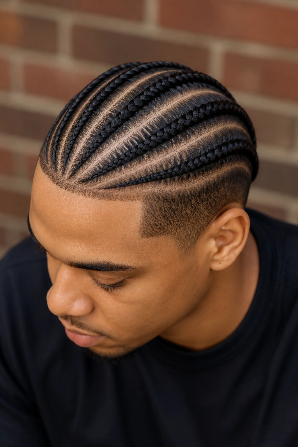 Man with feed-in cornrows starting low at hairline.
