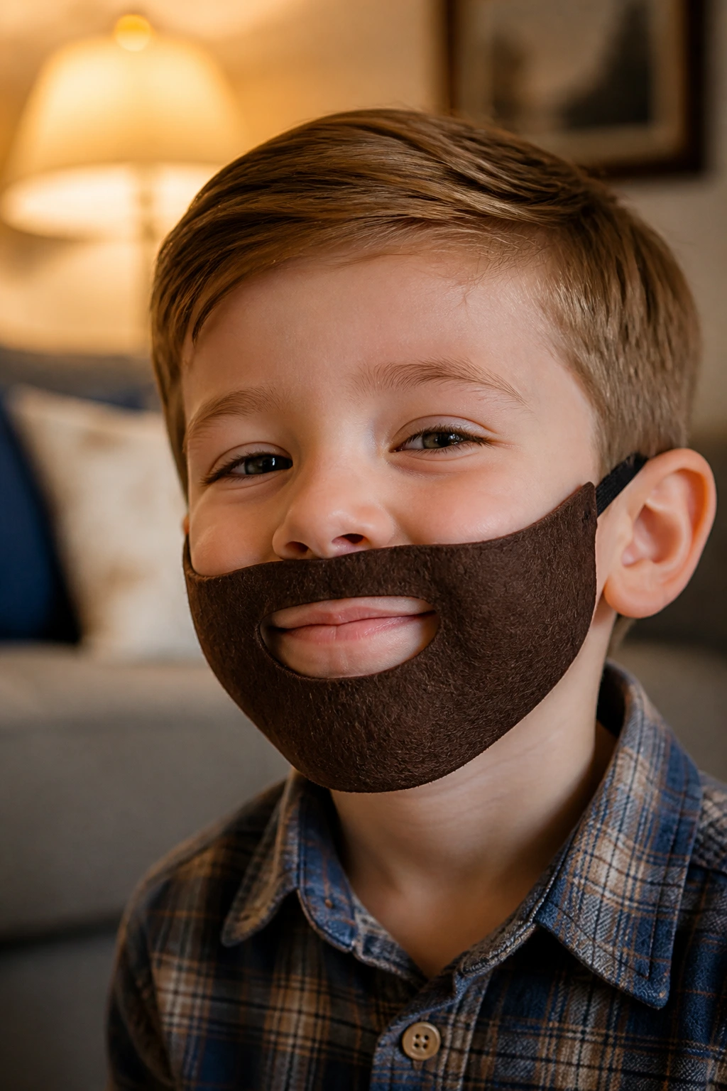 Child wearing felt-panel beard in cozy living room