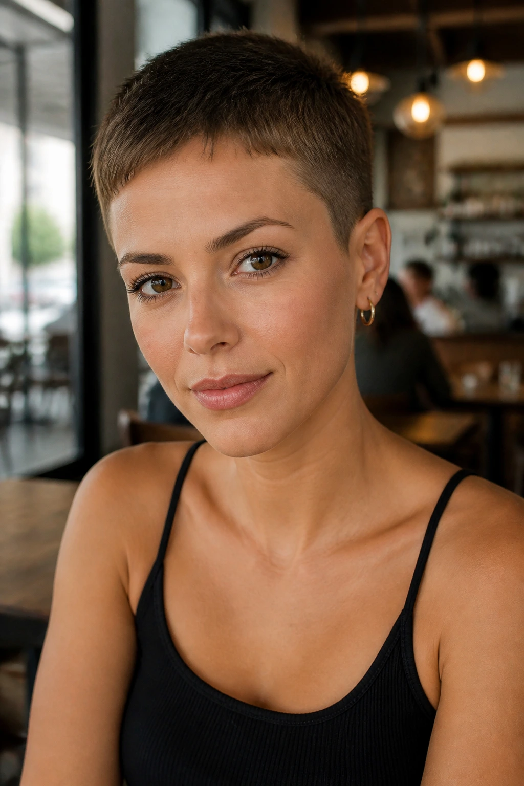 Portrait of a woman with feminine crew cut